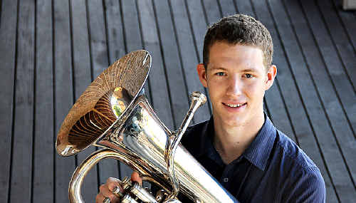 Australian Army Band member Evan Fitzpatrick from Gympie with his euphonium. Australian Army Band member Evan Fitzpatrick from Gympie with his euphonium.